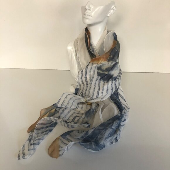 Dual White Sheer Lightweight Scarf with Blue Beige Abstract Pattern 10x92 inch - Picture 3 of 6